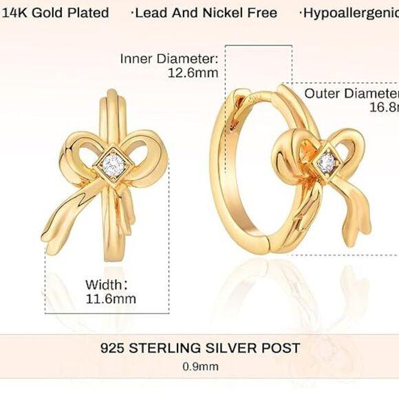 14K Gold Plated CZ Bow Huggie Hoop Earrings Dainty Tiny Hoops Gift for Women - Picture 5 of 6